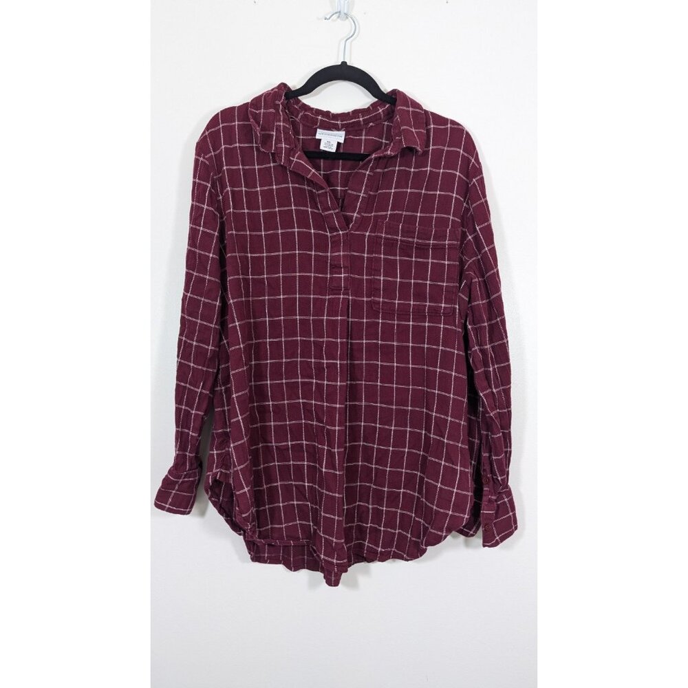 Liz Claiborne‎ XXL Womens Red White Flannel Long Sleeve Top Roll Tab Sleeve